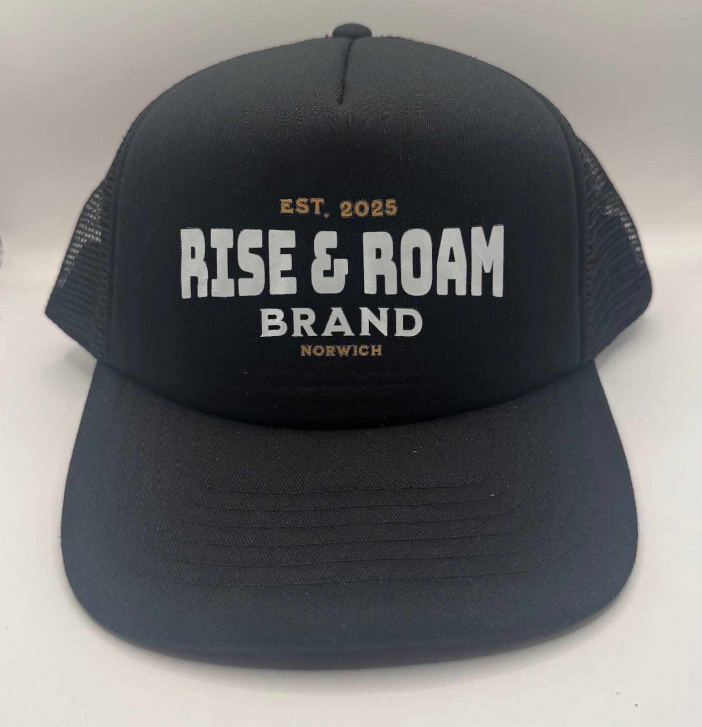 Rise & Roam Brand - Traditional Logo Black/Black SnapBack Trucker Cap