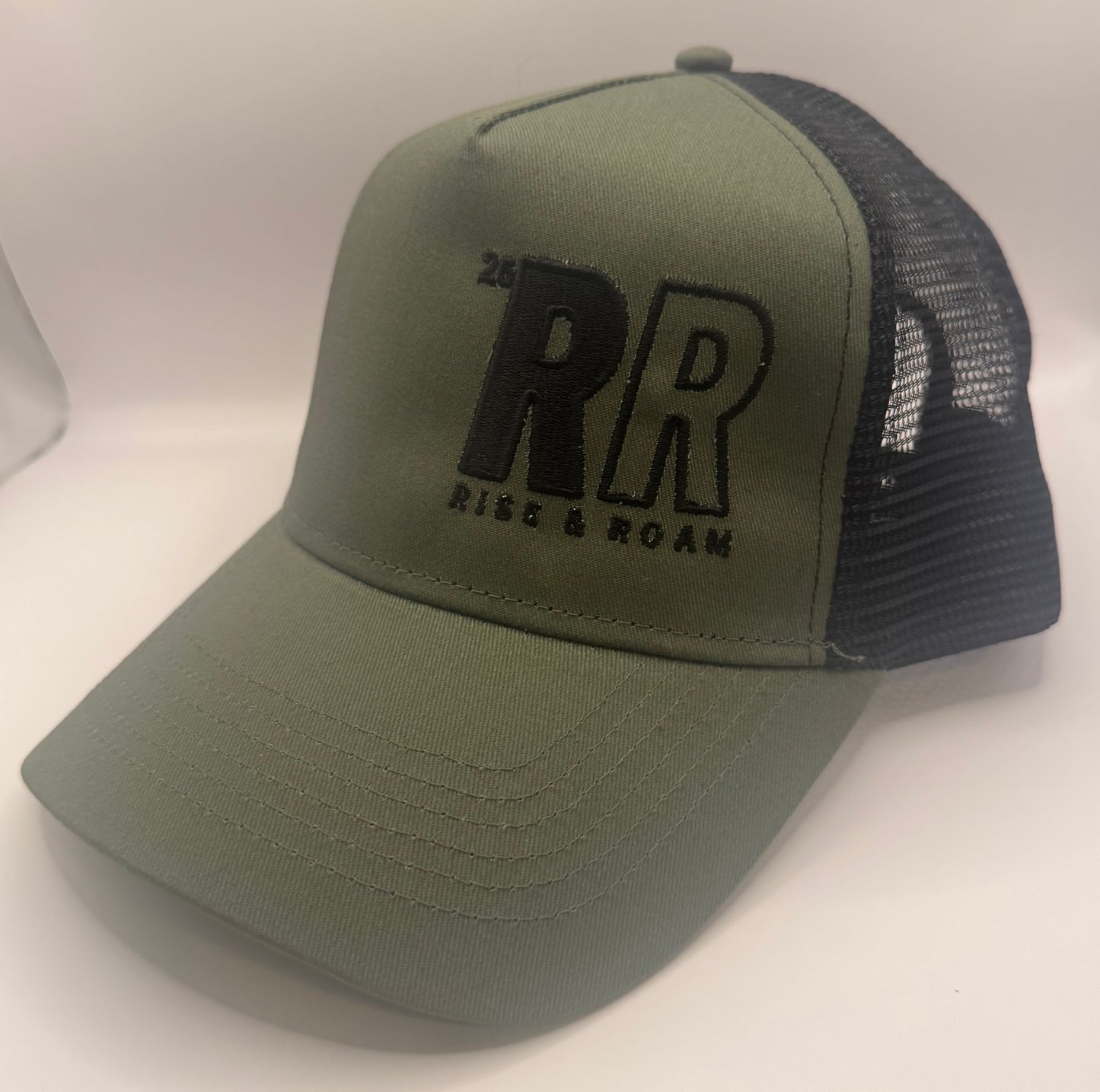 Rise & Roam Brand - Bold RR Logo Khaki Trucker Cap.