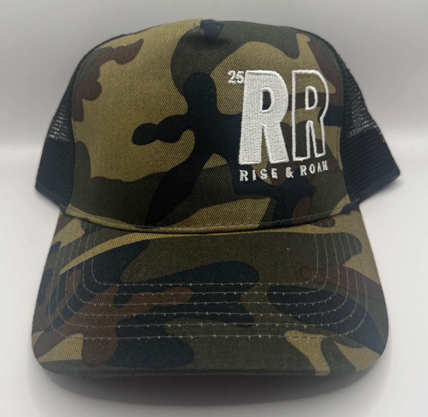 Rise & Roam Brand - Bold RR Logo Camo Trucker Cap.