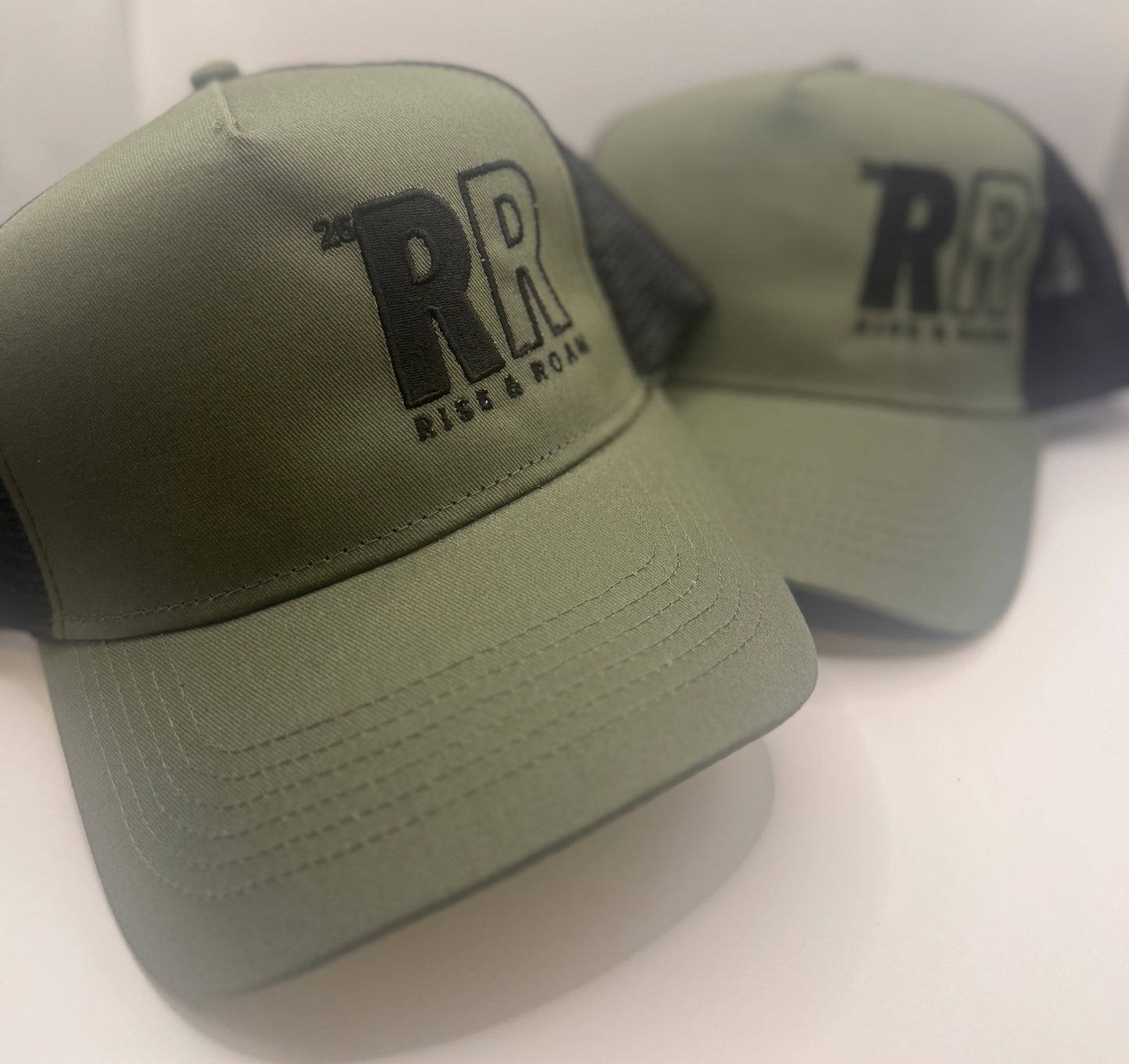 Rise & Roam Brand - Bold RR Logo Khaki Trucker Cap.