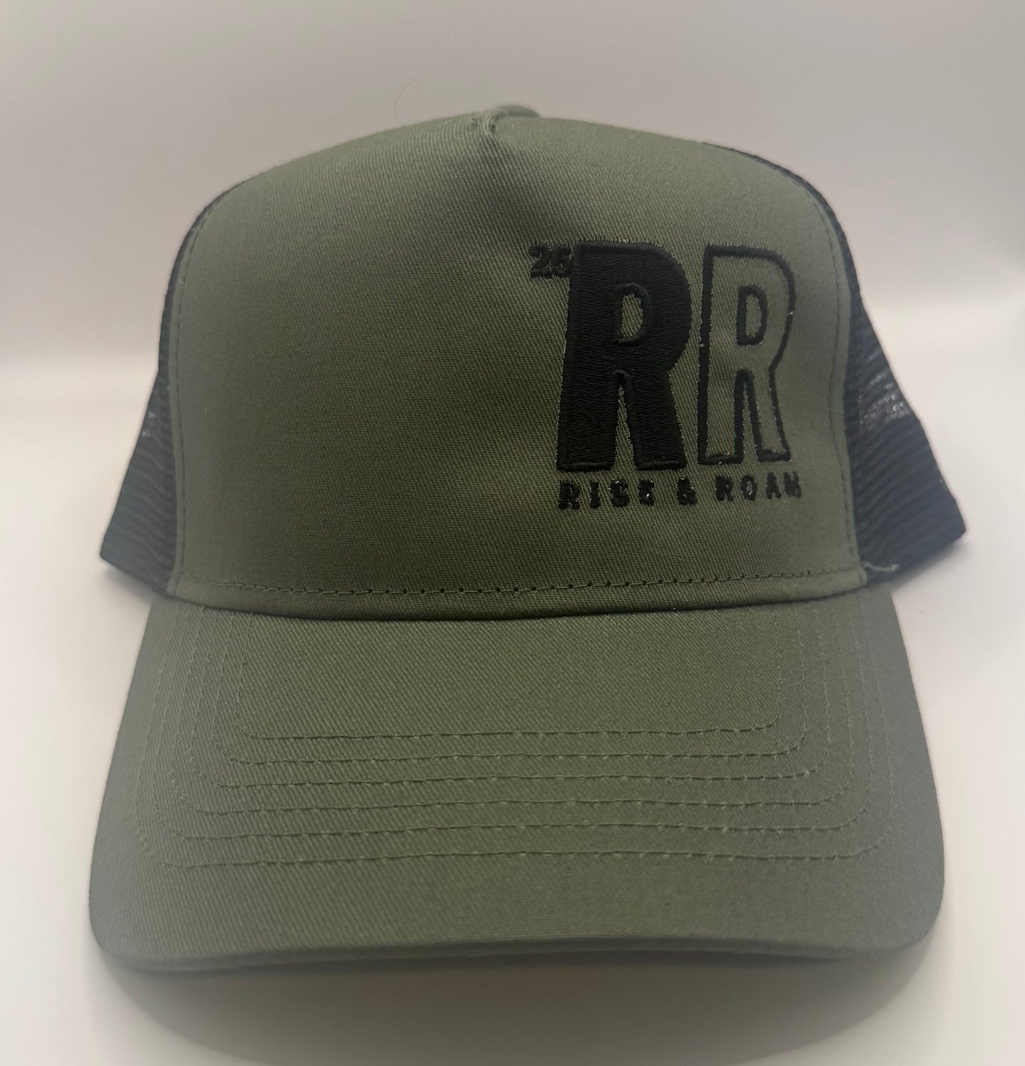 Rise & Roam Brand - Bold RR Logo Khaki Trucker Cap.