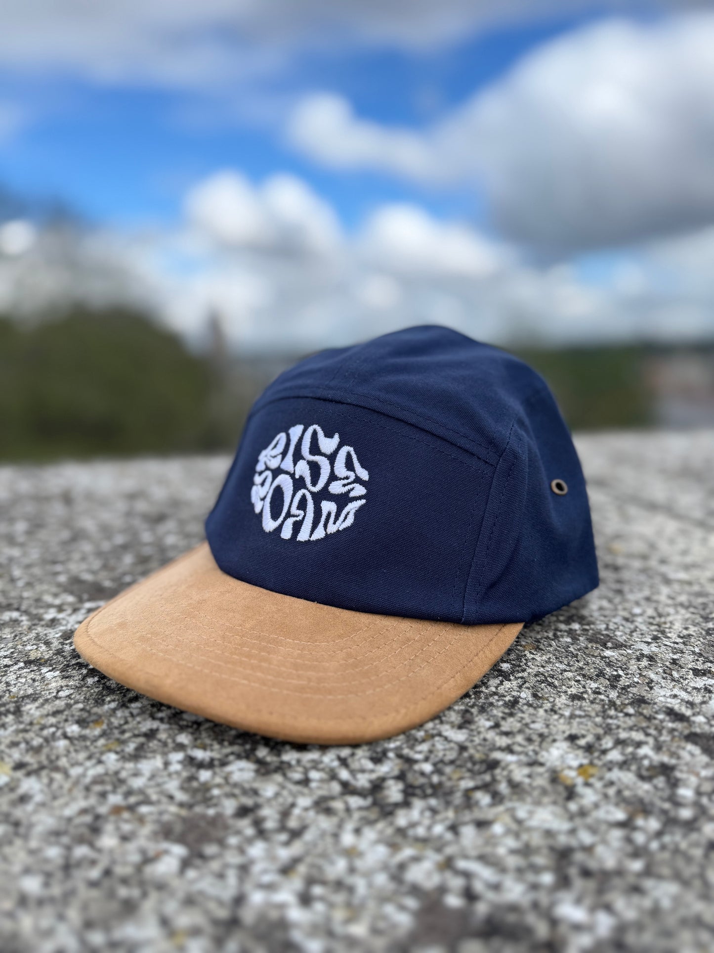 Rise & Roam Brand - Navy/Tan, Squiggle 5 Panel Cap.