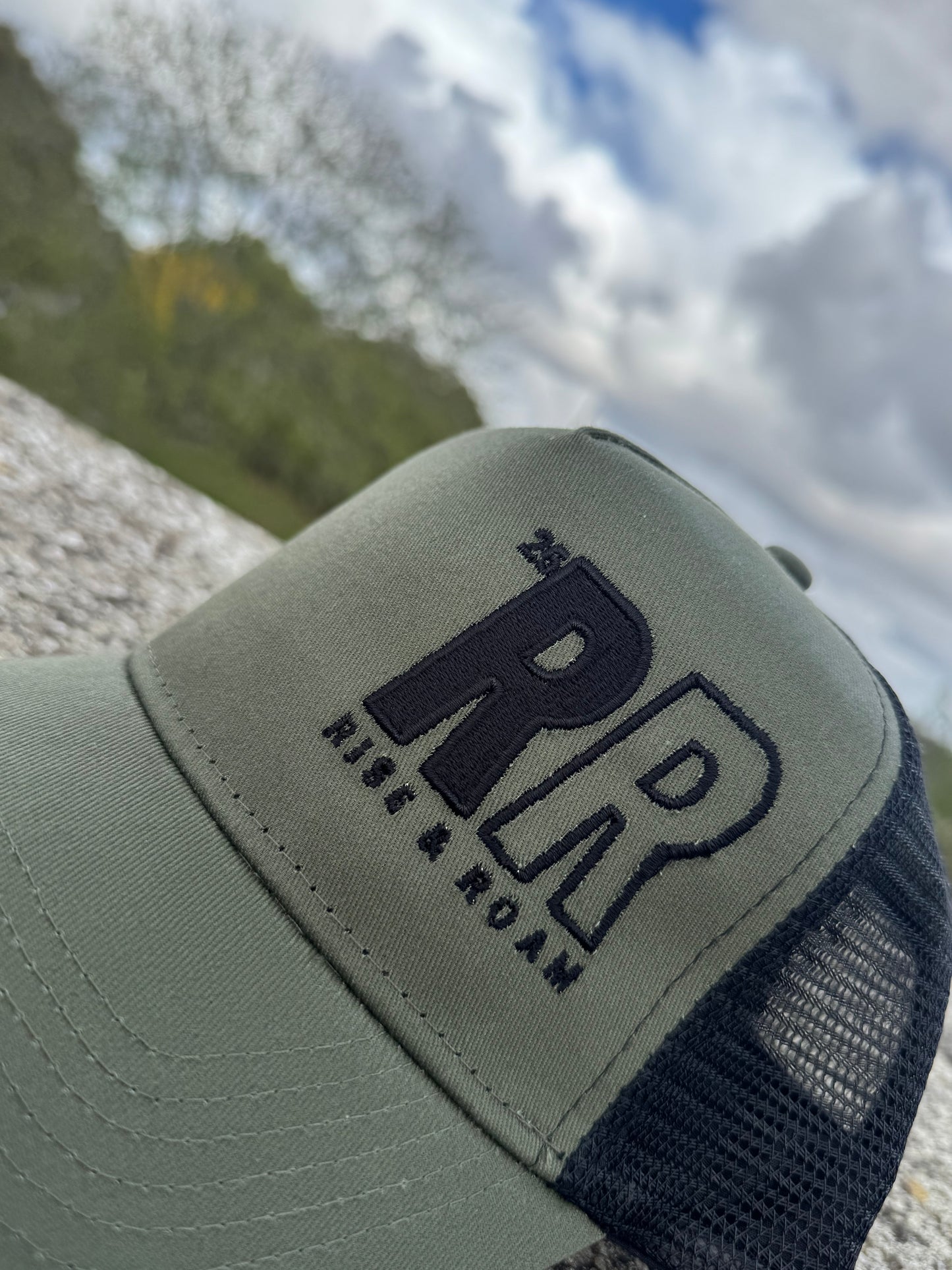 Rise & Roam Brand - Bold RR Logo Khaki Trucker Cap.