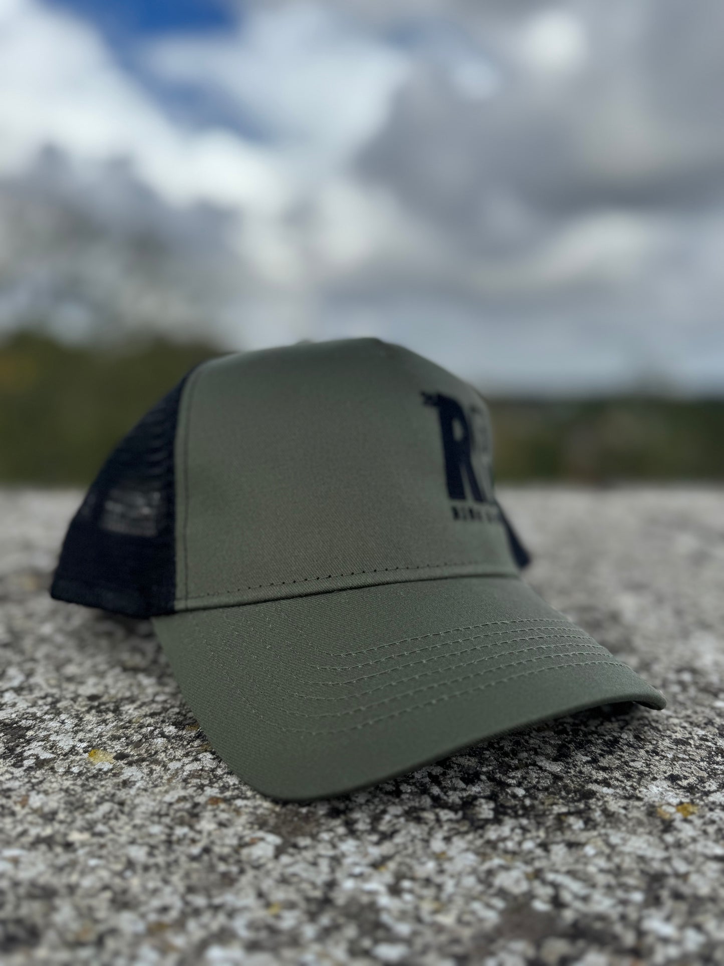 Rise & Roam Brand - Bold RR Logo Khaki Trucker Cap.