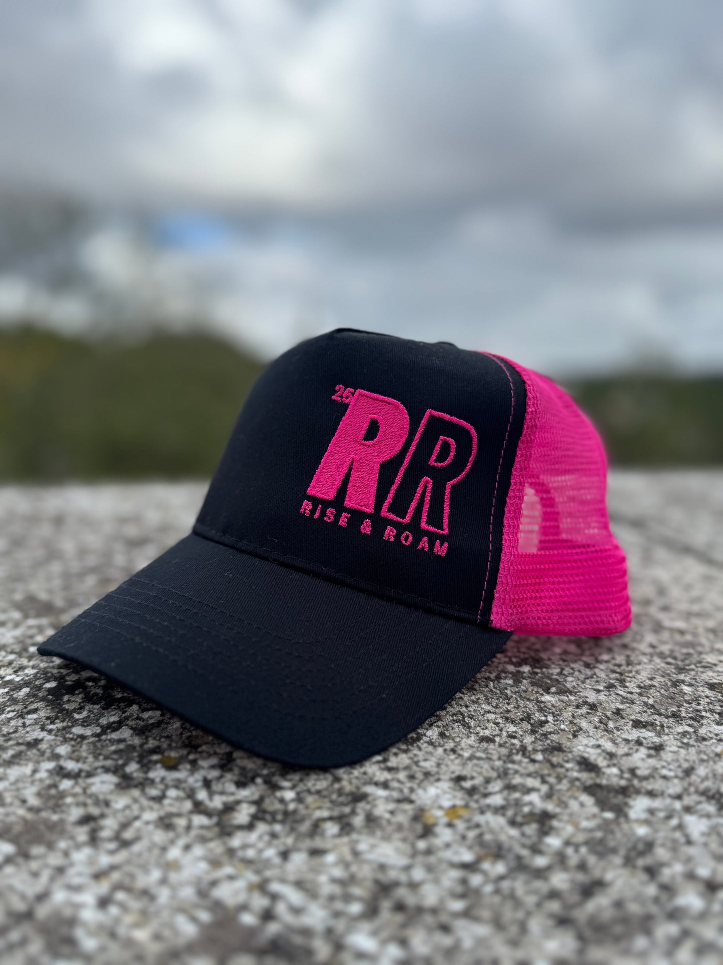 Rise & Roam Brand - Bold RR Hot Boy Pink Trucker Cap