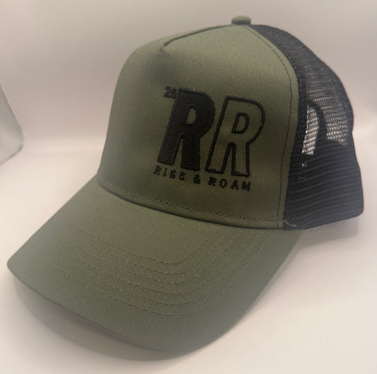 Rise & Roam Brand - Bold RR Logo Khaki Trucker Cap.
