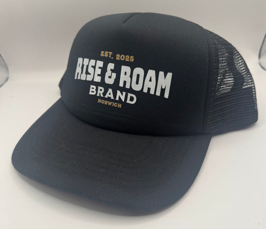 Rise & Roam Brand - Traditional Logo Black/Black SnapBack Trucker Cap