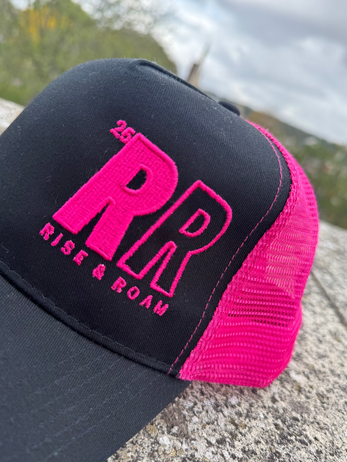 Rise & Roam Brand - Bold RR Hot Boy Pink Trucker Cap