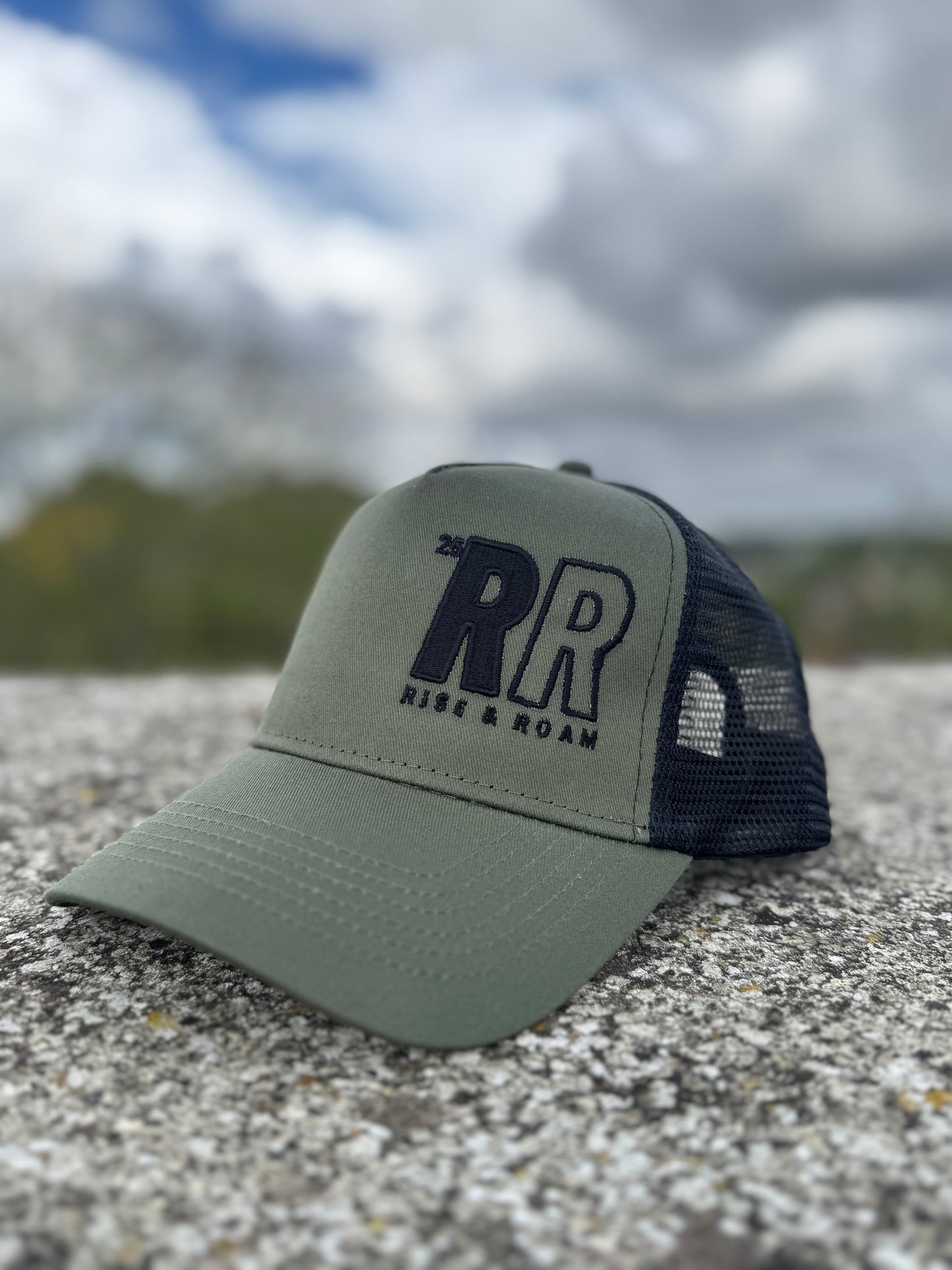 Rise & Roam Brand - Bold RR Logo Khaki Trucker Cap.