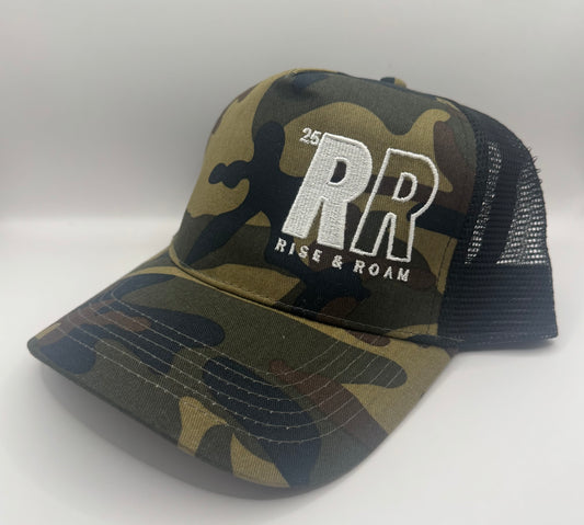 Rise & Roam Brand - Bold RR Logo Camo Trucker Cap.