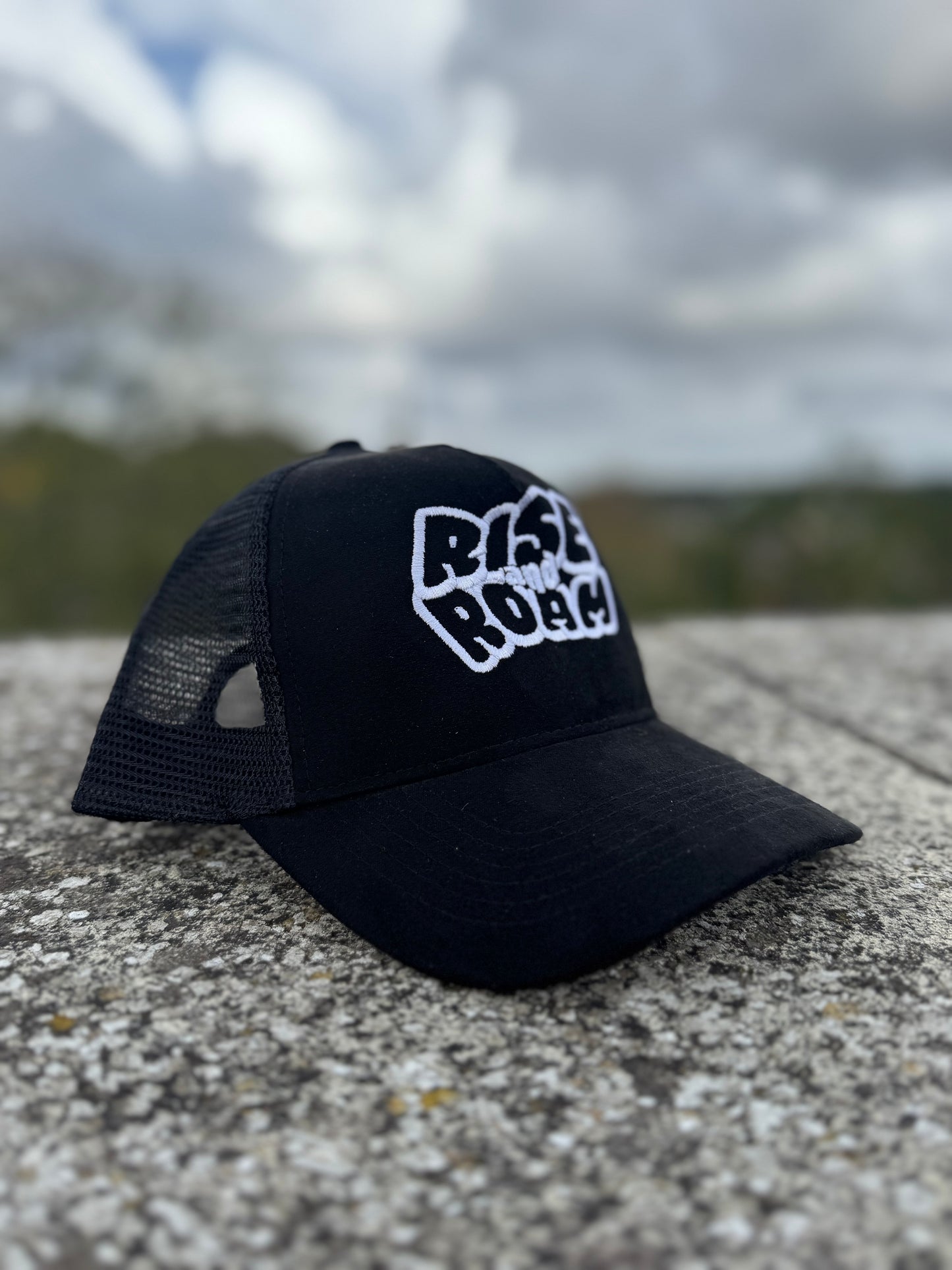 Rise & Roam Brand - Black Suede “To Busy on the Rise Trucker Cap.