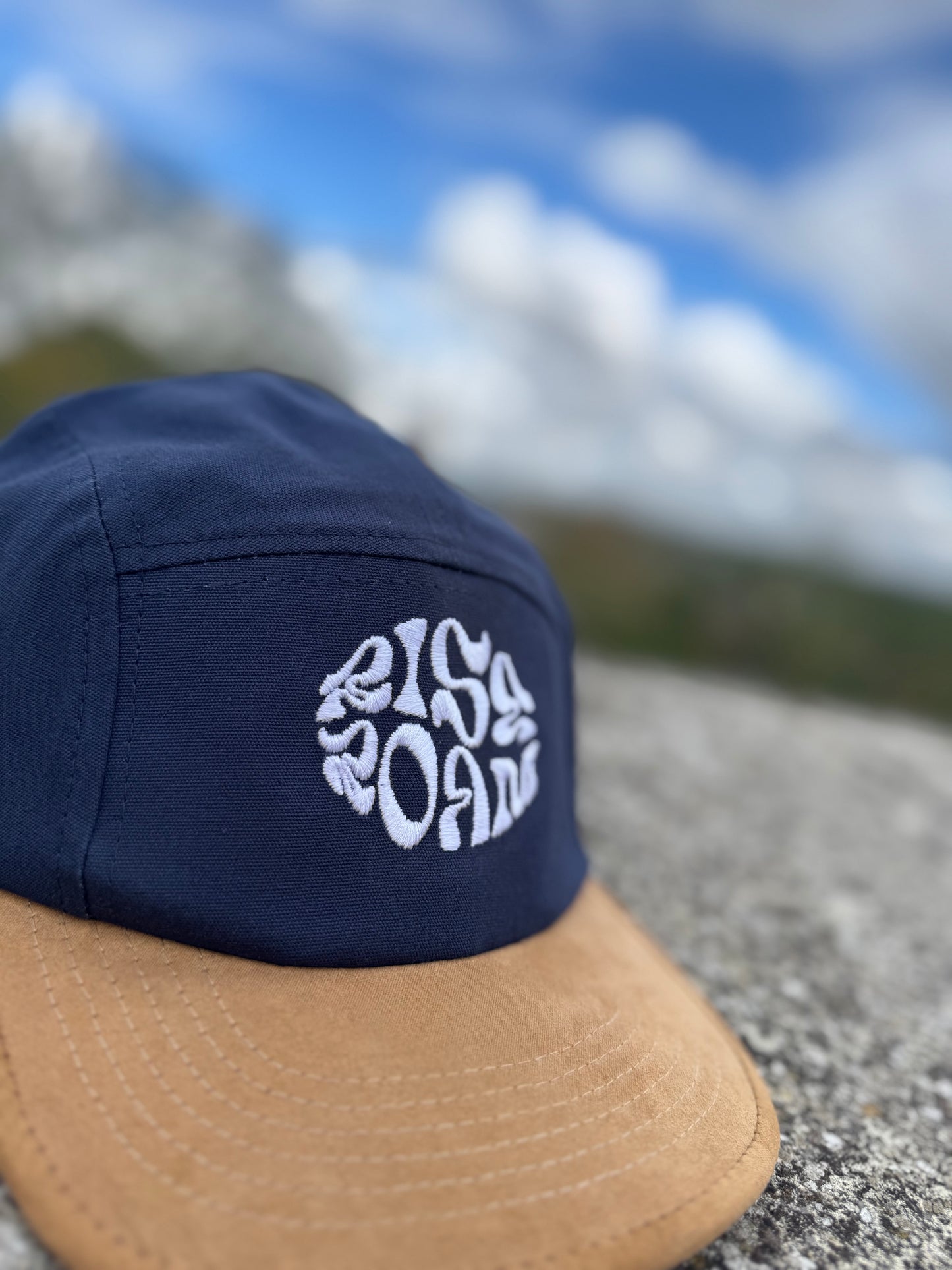 Rise & Roam Brand - Navy/Tan, Squiggle 5 Panel Cap.