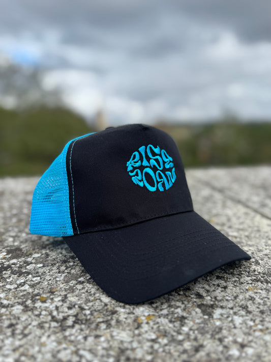 Rise & Roam Brand - Vibrant Blue Squiggle Trucker Cap.