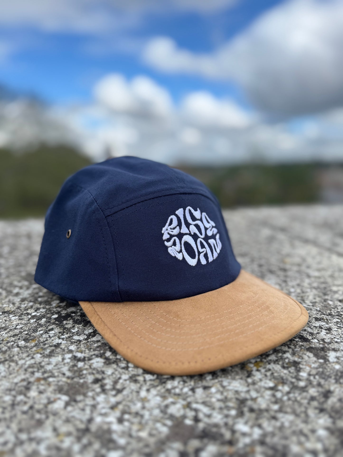 Rise & Roam Brand - Navy/Tan, Squiggle 5 Panel Cap.