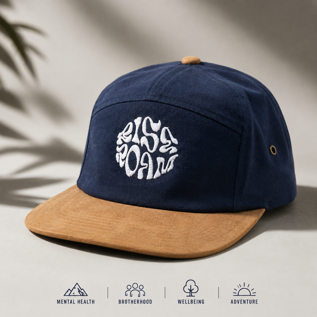 Rise & Roam Brand - Navy/Tan, Crazy 5 Panel Cap.