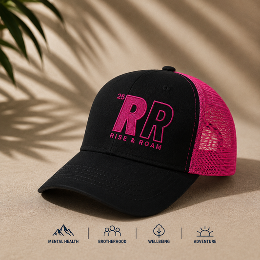 Rise & Roam Brand - Bold RR Hot Boy Pink Trucker Cap