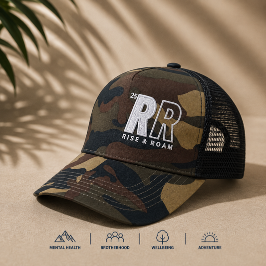 Rise & Roam Brand - Bold RR Logo Camo Trucker Cap.