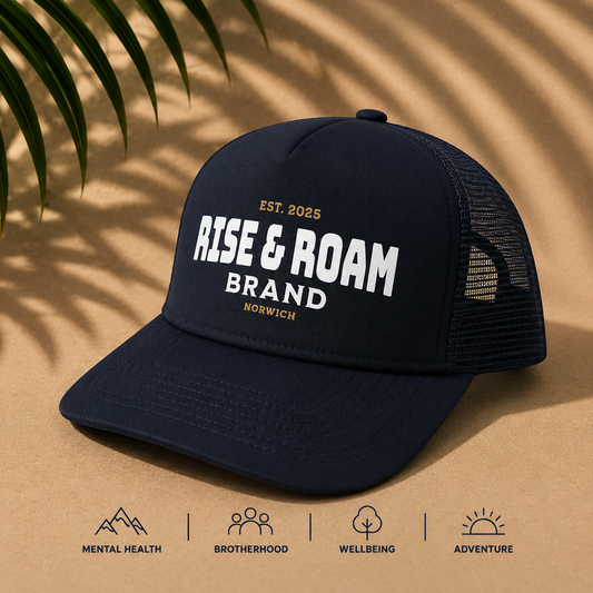 Rise & Roam Brand - Traditional Logo Black/Black SnapBack Trucker Cap