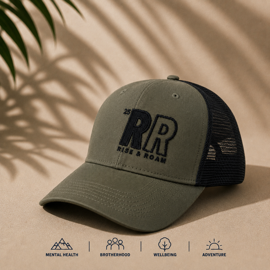 Rise & Roam Brand - Bold RR Logo Khaki Trucker Cap.