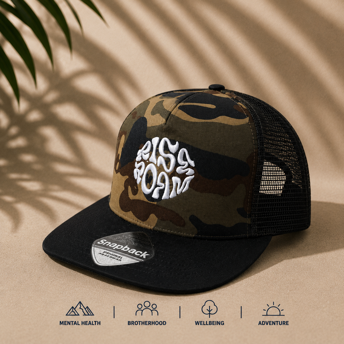 Rise & Roam Brand - Camo Squiggle SnapBack Cap.