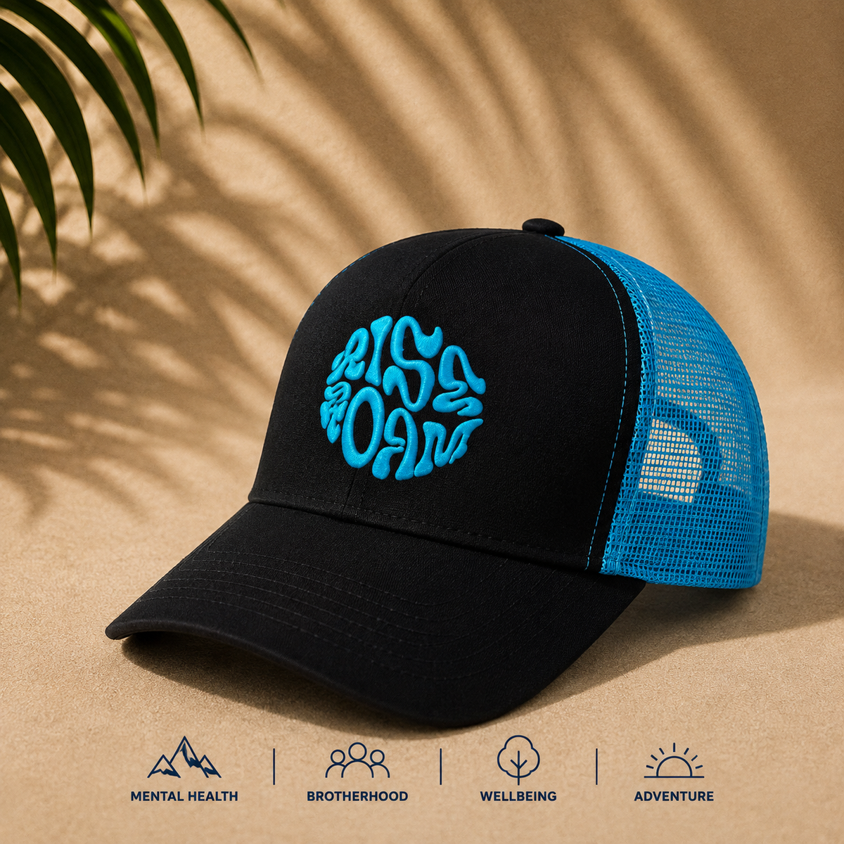 Rise & Roam Brand - Vibrant Blue Squiggle Trucker Cap.