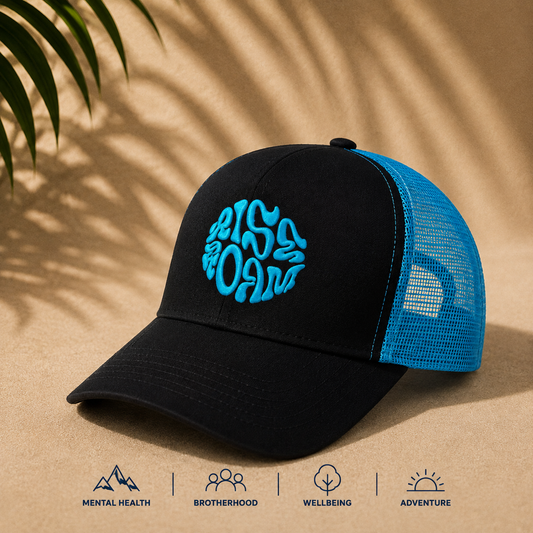 Rise & Roam Brand - Vibrant Blue Squiggle Trucker Cap.
